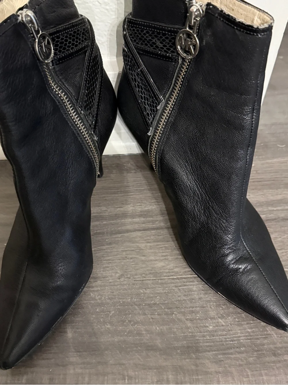 Michael Kors Black Leather Pointed Toe Ankle Booties with Side Zips